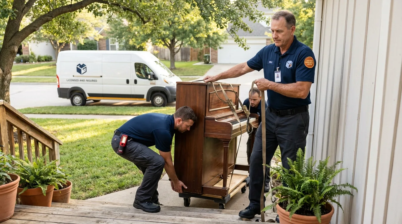 Licensed piano movers securing grand piano in Oneida, NY